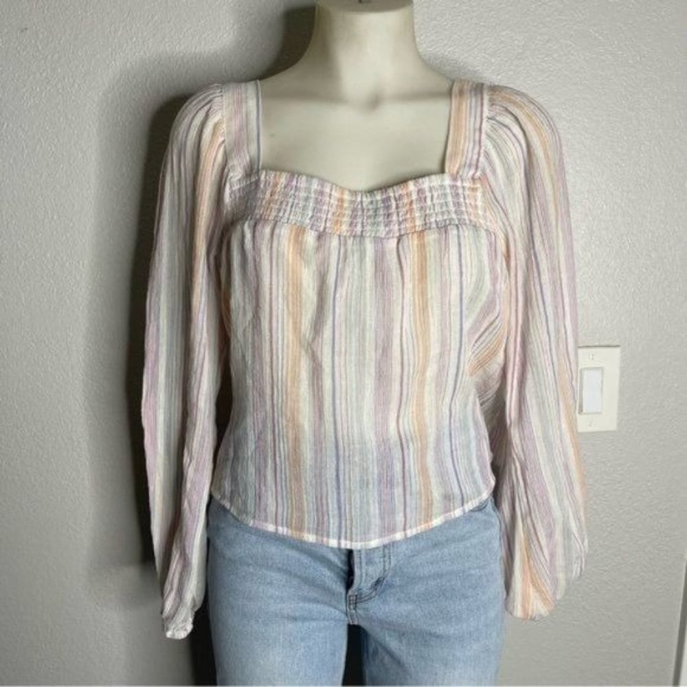 BCBGeneration Multicolor Square Neckline Smocked Long Sleeve Top Size M